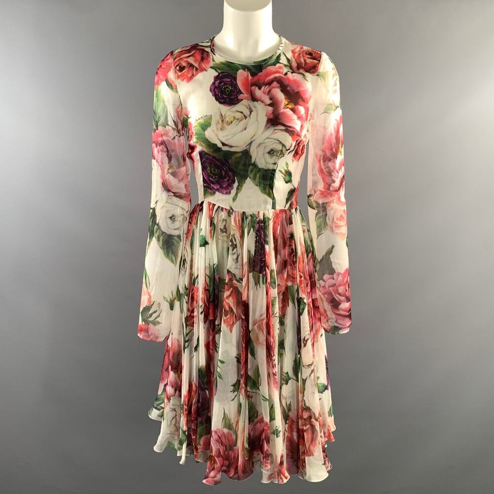 DOLCE & GABBANA F2018 Size 2 White Multi Color Silk Long Sleeve Midi Dress